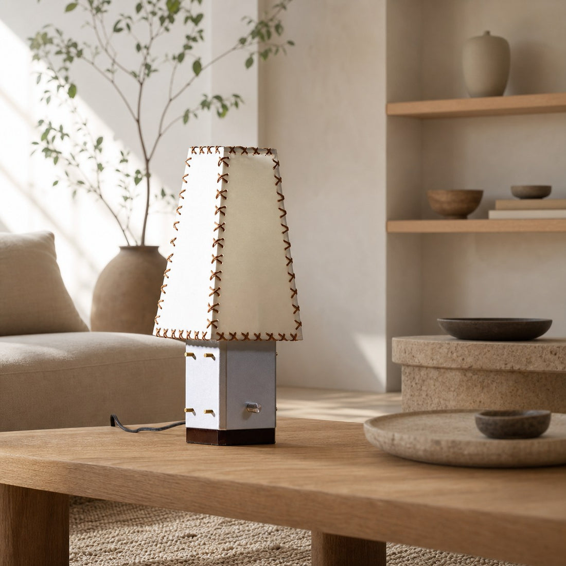 Modern Geometric Metal Table Lamp – Parchment Shade for Bedroom Nightstand Lighting