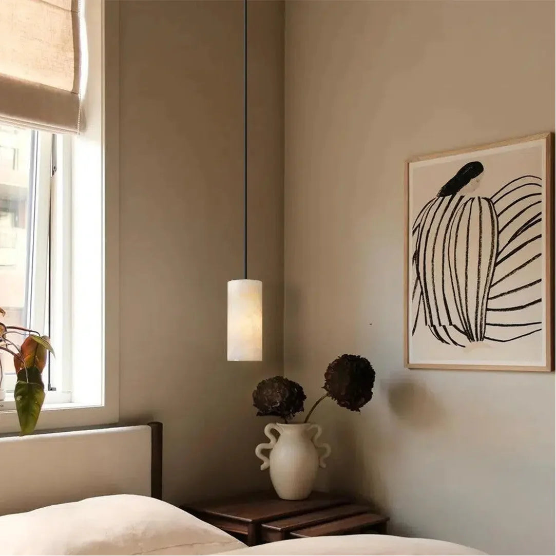 Hand Carved Alabaster Cylinder Pendant Light