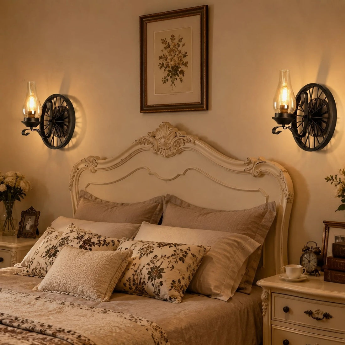 Pair of black wagon wheel wall sconces beside a classic bedroom headboard