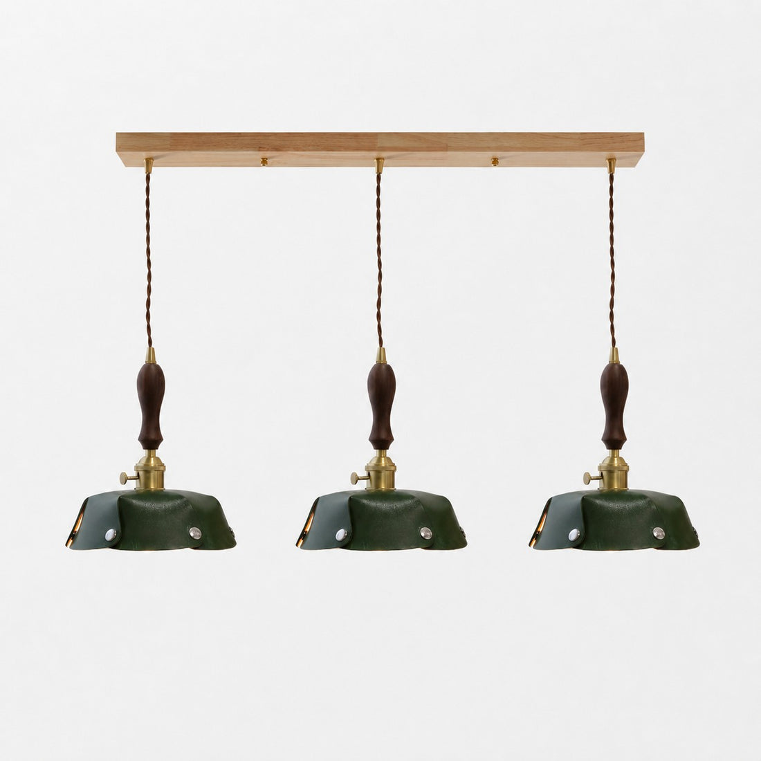 3-Light Linear Pendant Deep Green Leather Bar 75 cm / 29.5 in; Shade Dia. 25 cm / 9.8 in