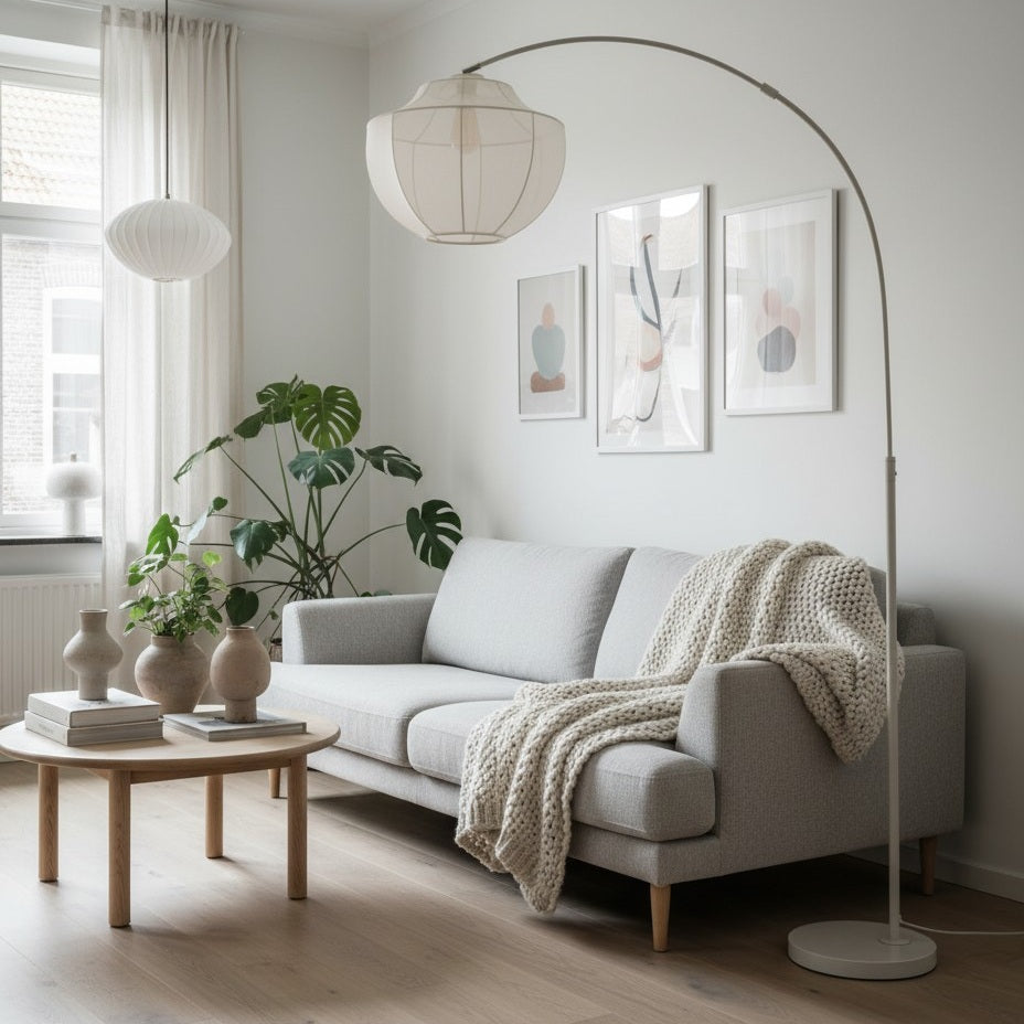 Lumifil Arc Floor Lamp Textile Mesh Shade - Metal Stand for Soft Ambient Living Room Lighting