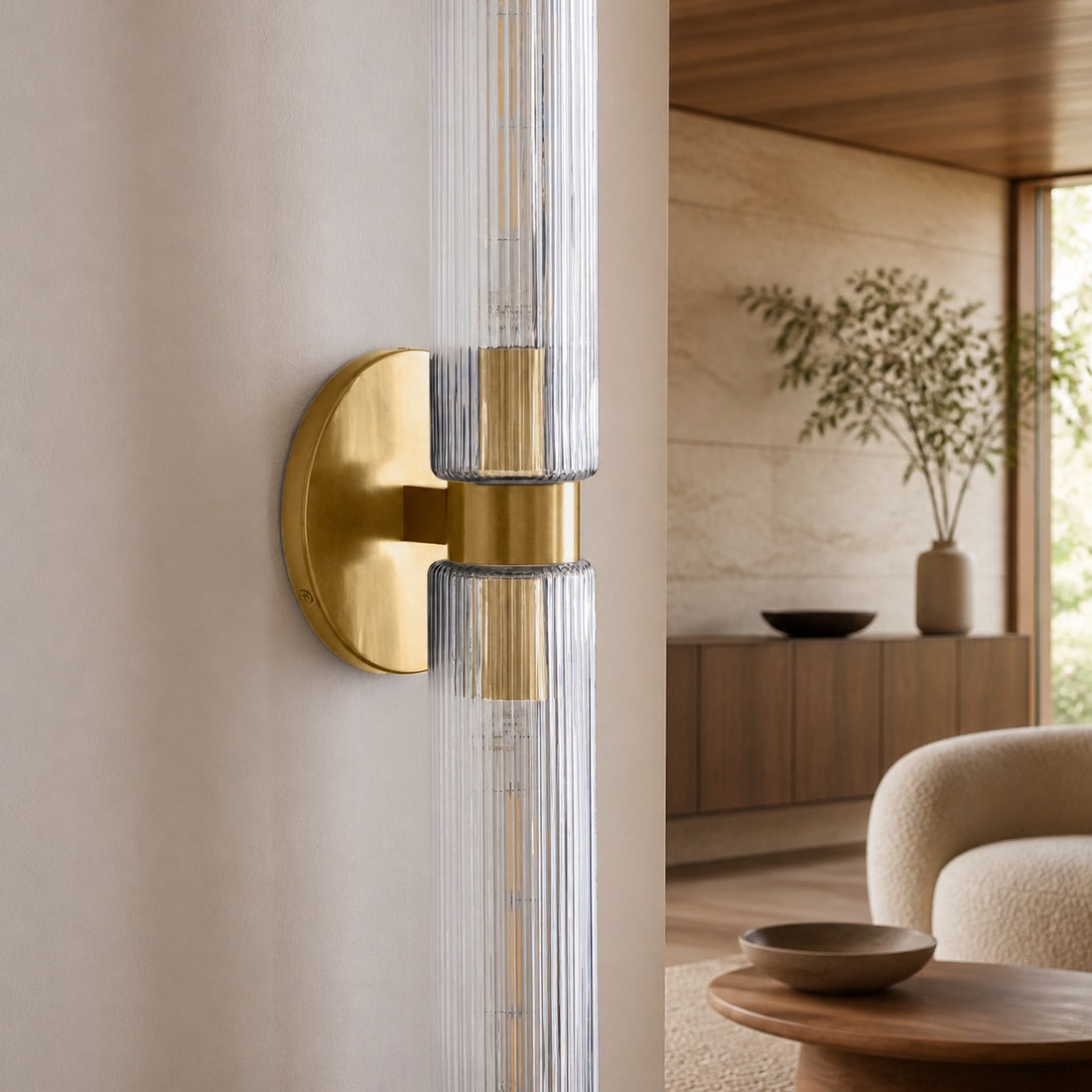 Rivora Modern Fluted Glass Wall Light - Double Short Indoor Outdoor Sconce