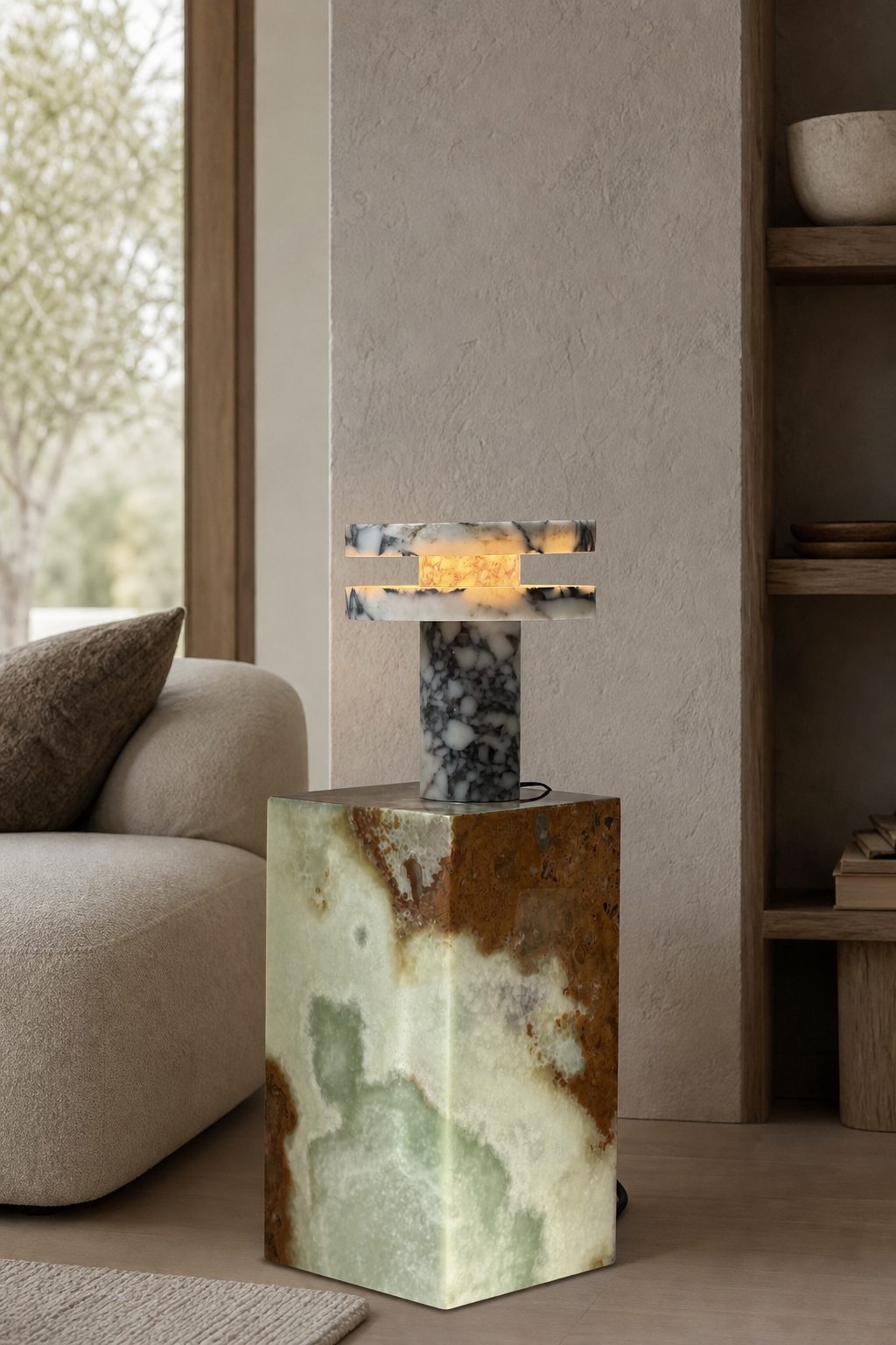 Modern Sculptural Table Lamp with Cylindrical Base Design for Bedroom Bedside and Living Room Use