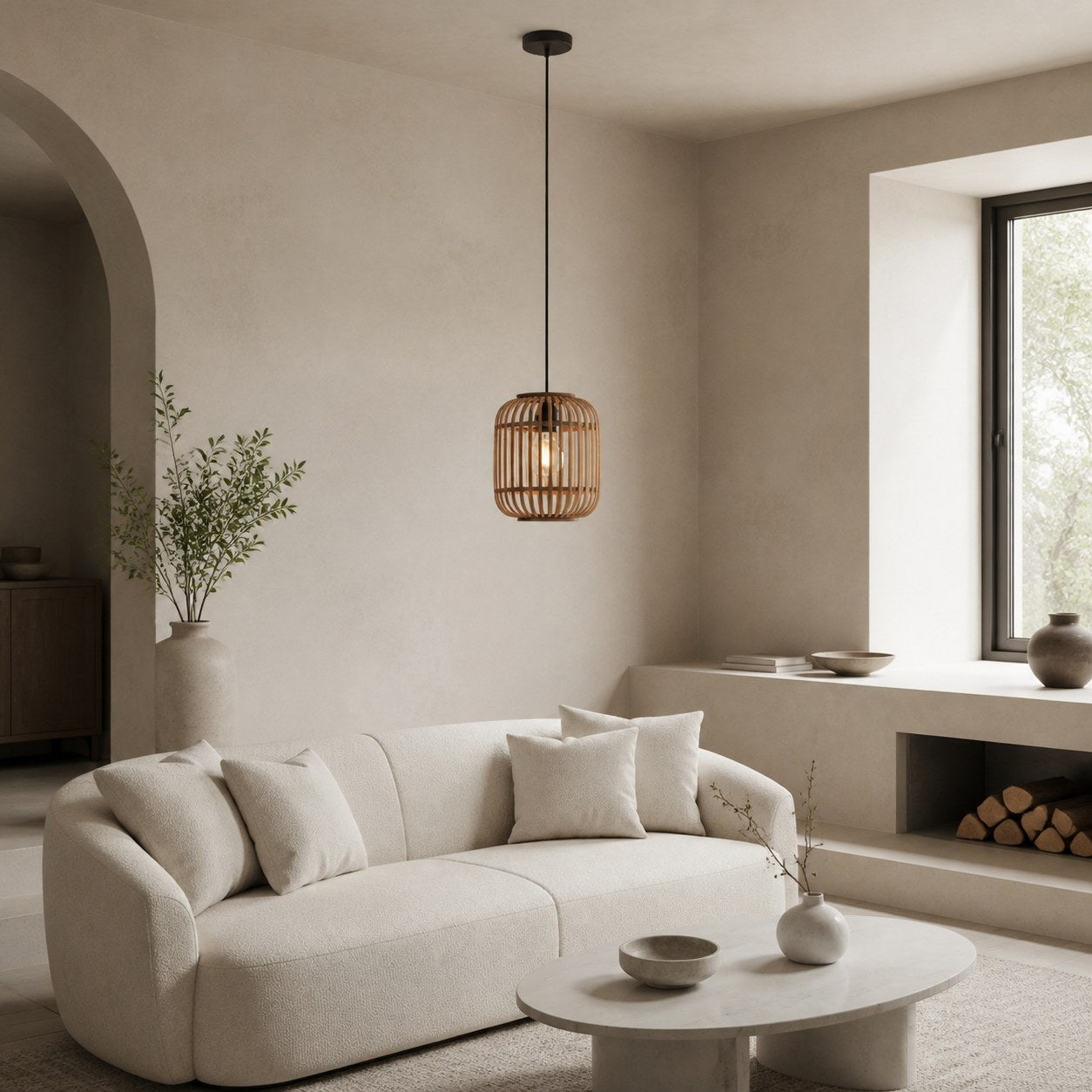 Yumeko Adjustable Bamboo Pendant Lamp - Natural Cage Ceiling Light Perfect for Living & Dining Rooms