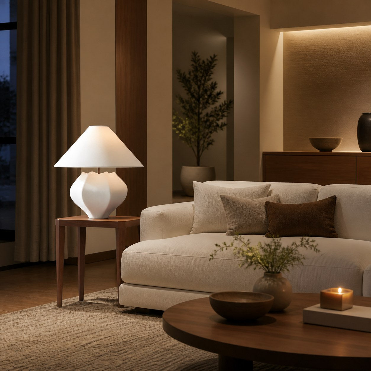 Cordove Table Lamp - Sculptural Ceramic Base and Linen Shade Suitable for Living room, Bedroom or Side Table