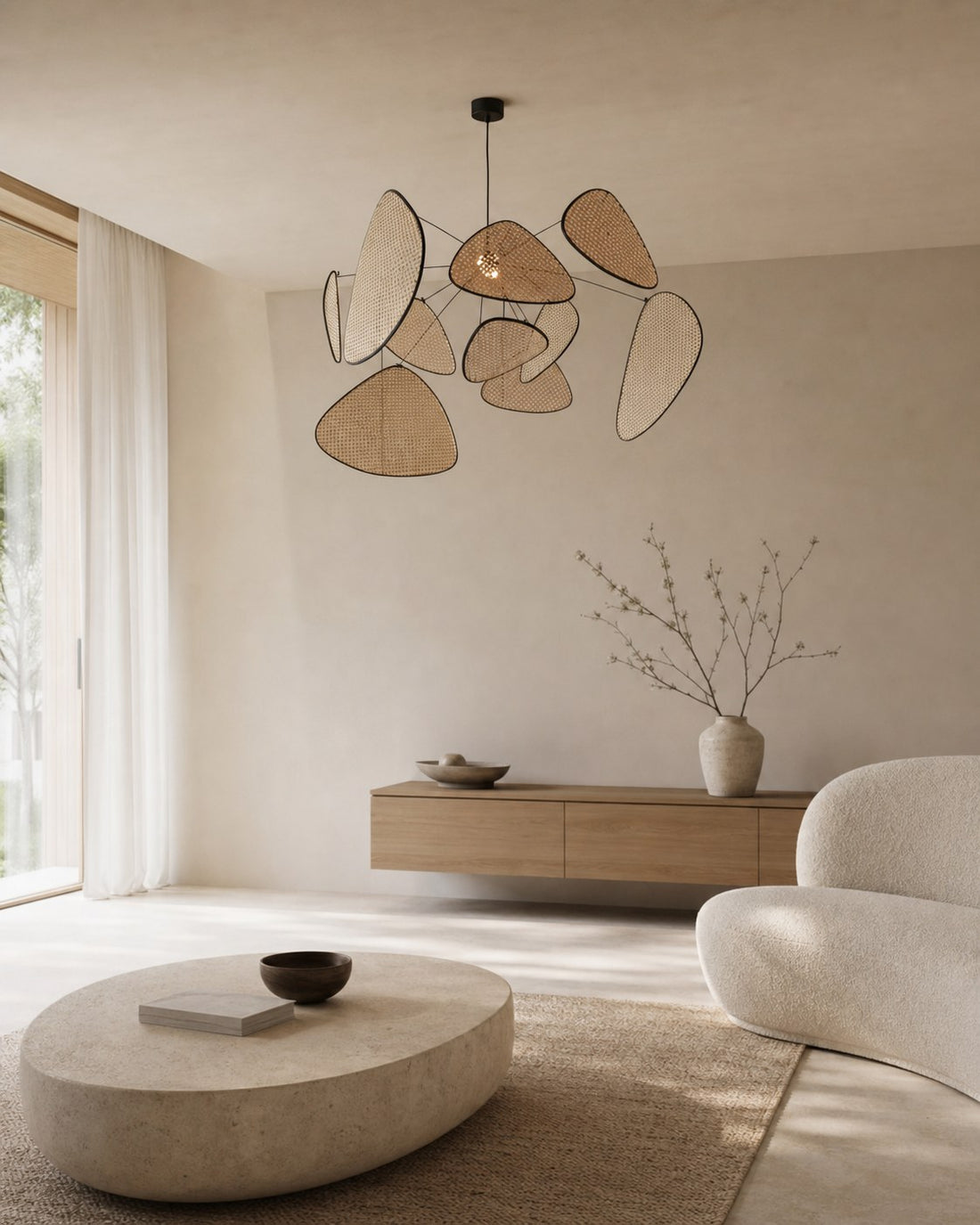 Rivana Modern Woven Rattan Chandelier – Metal Bamboo Pendant Light for Kitchens and Lounges N41