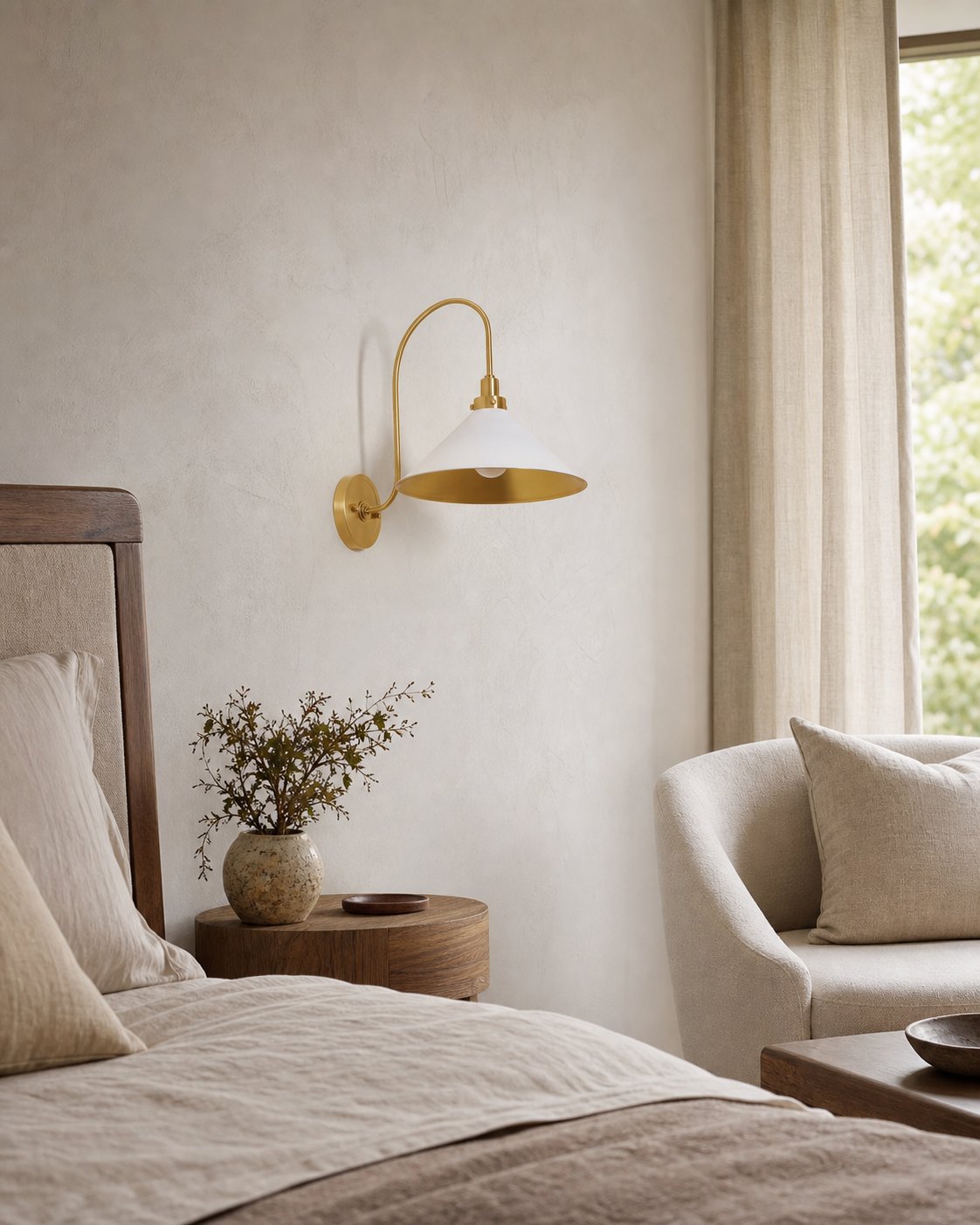 Ivoran Brass Gooseneck Wall Sconce - Curved Arm Dome Shade Light for Bedroom and Hallway