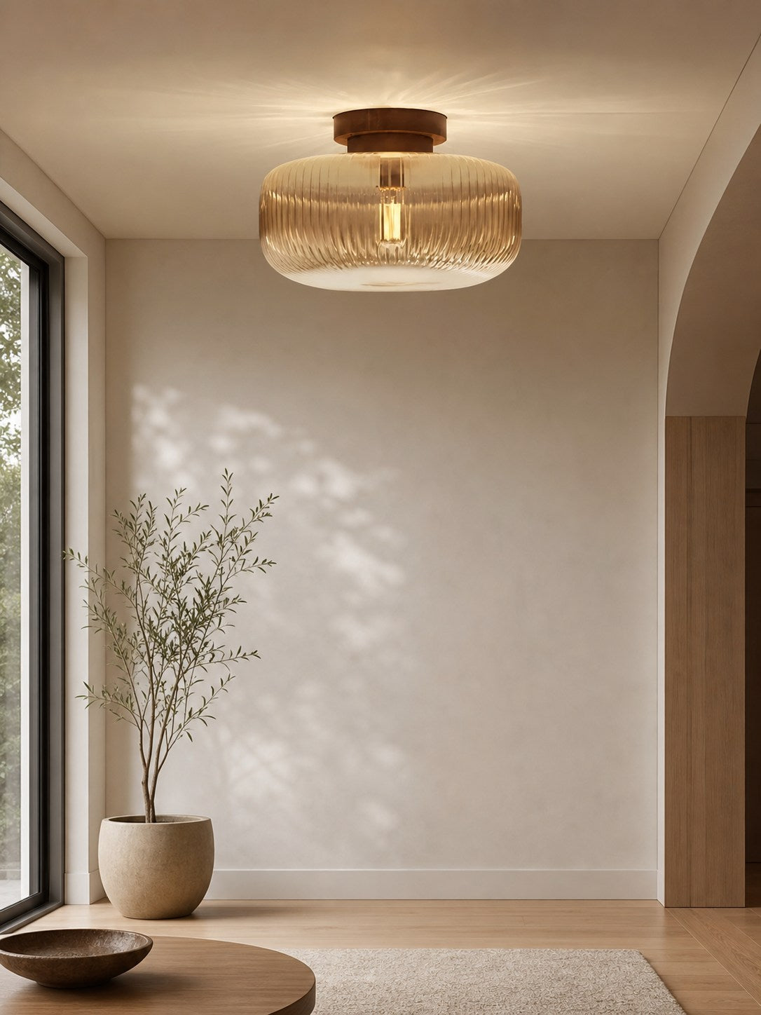 Amberflow Retro Amber Fluted Glass Ceiling Light – Round Flush Mount for Hallways and Entryways