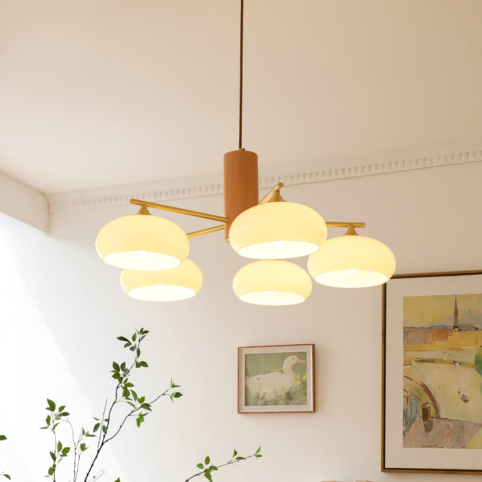 Bowl Shaped Multi - Head Chandelier With Wooden Decoration