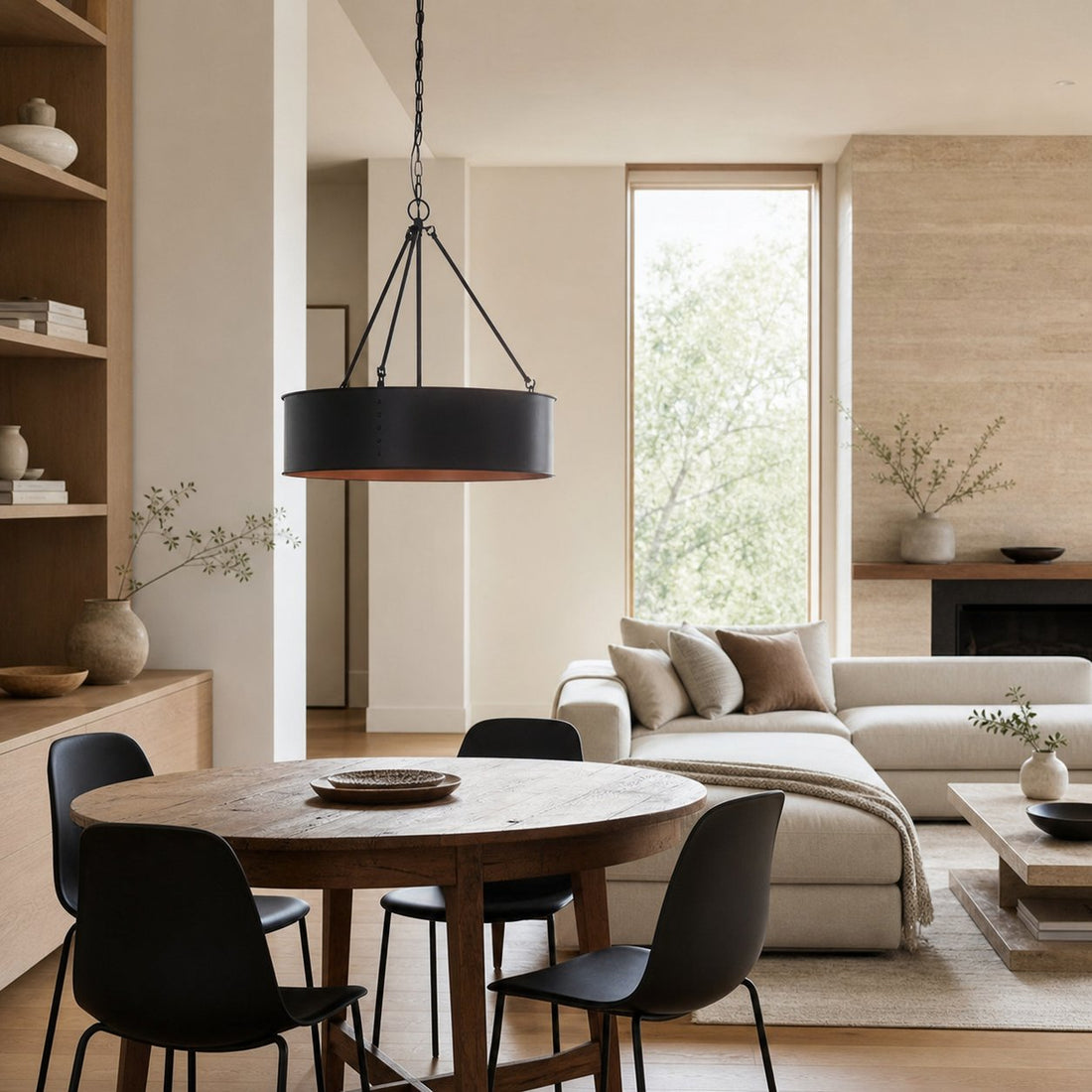 Dravik Contemporary Industrial Drum Pendant — Black Metal Pendant for Living or Dining Room U06