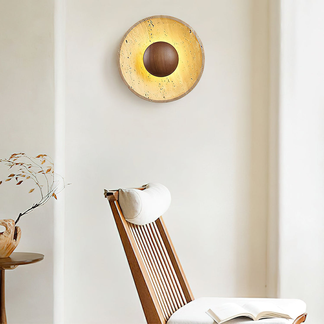 Medieval Yellow Travertine Wood Wall Lamp
