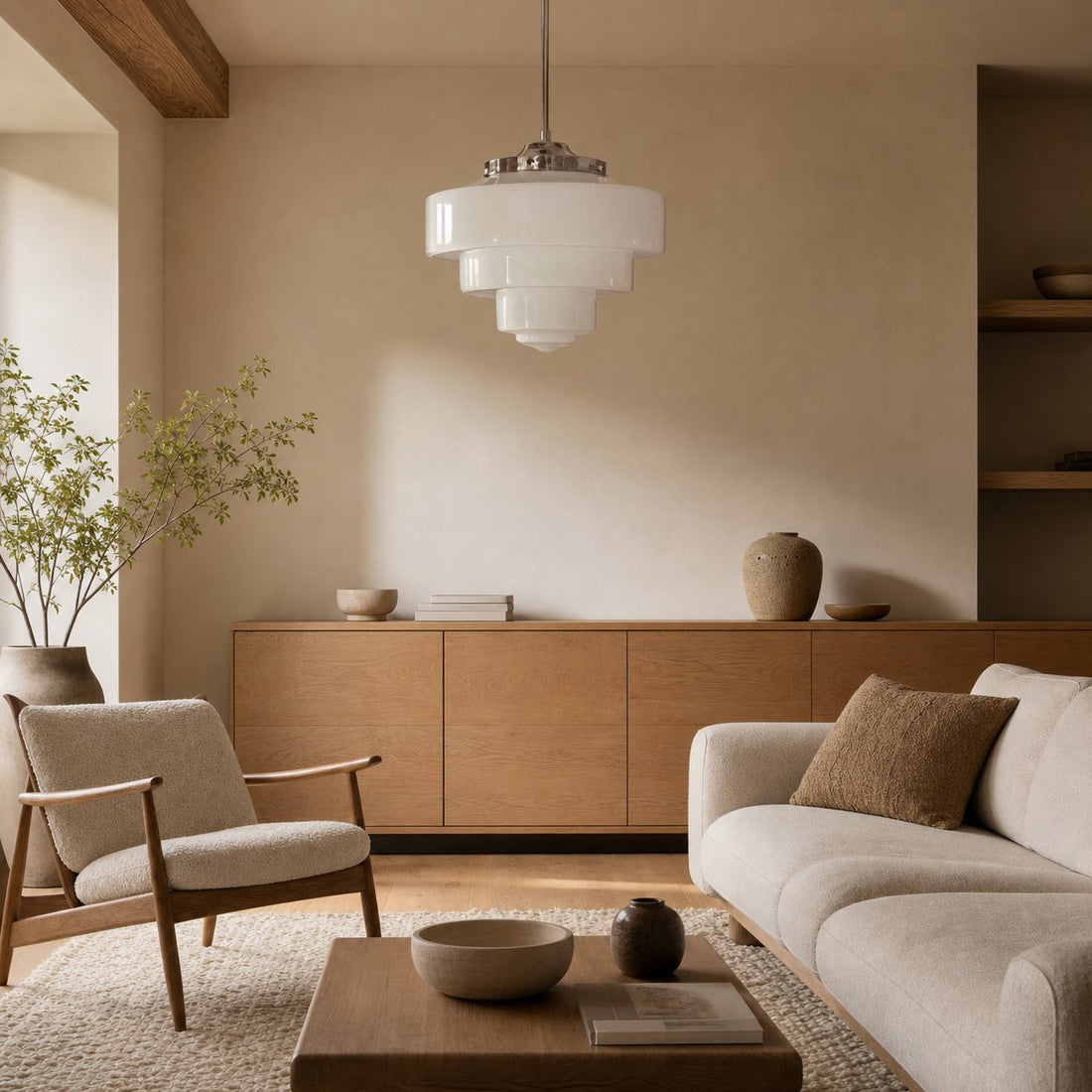 Geotower Glass Brass Pendant Light – Art Deco Opal Globe Ceiling Fixture