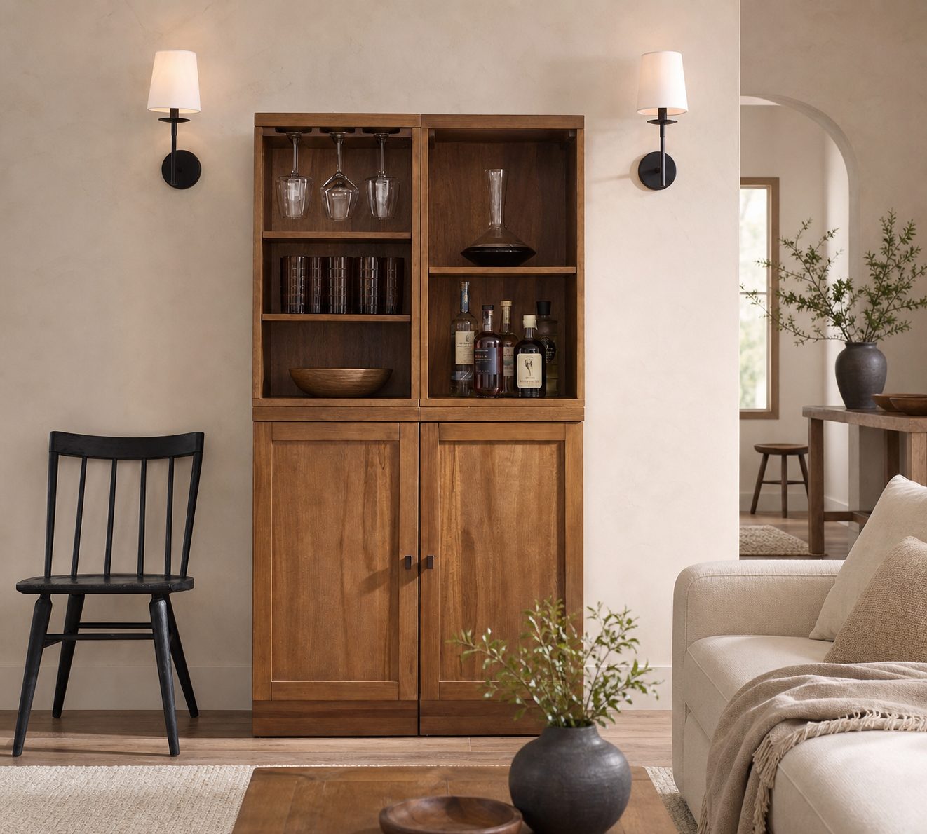 Rowan Bronze or Brass Wall Sconce - Iron Light with White Linen Shade for Home