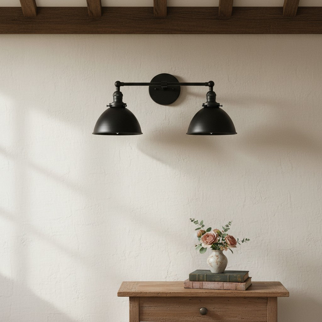 Conique Metal Dual Head Wall Fixture with Classic Shades – Industrial Vanity Lamp