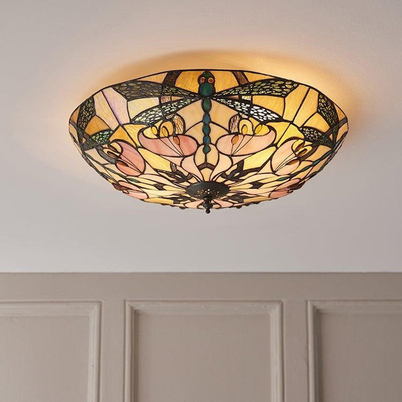 TF Ashton Tiffany Dragonfly Motif Tiffany Glass Flush Surface Mount - Transitional Style for Bedrooms and Lounge Spaces