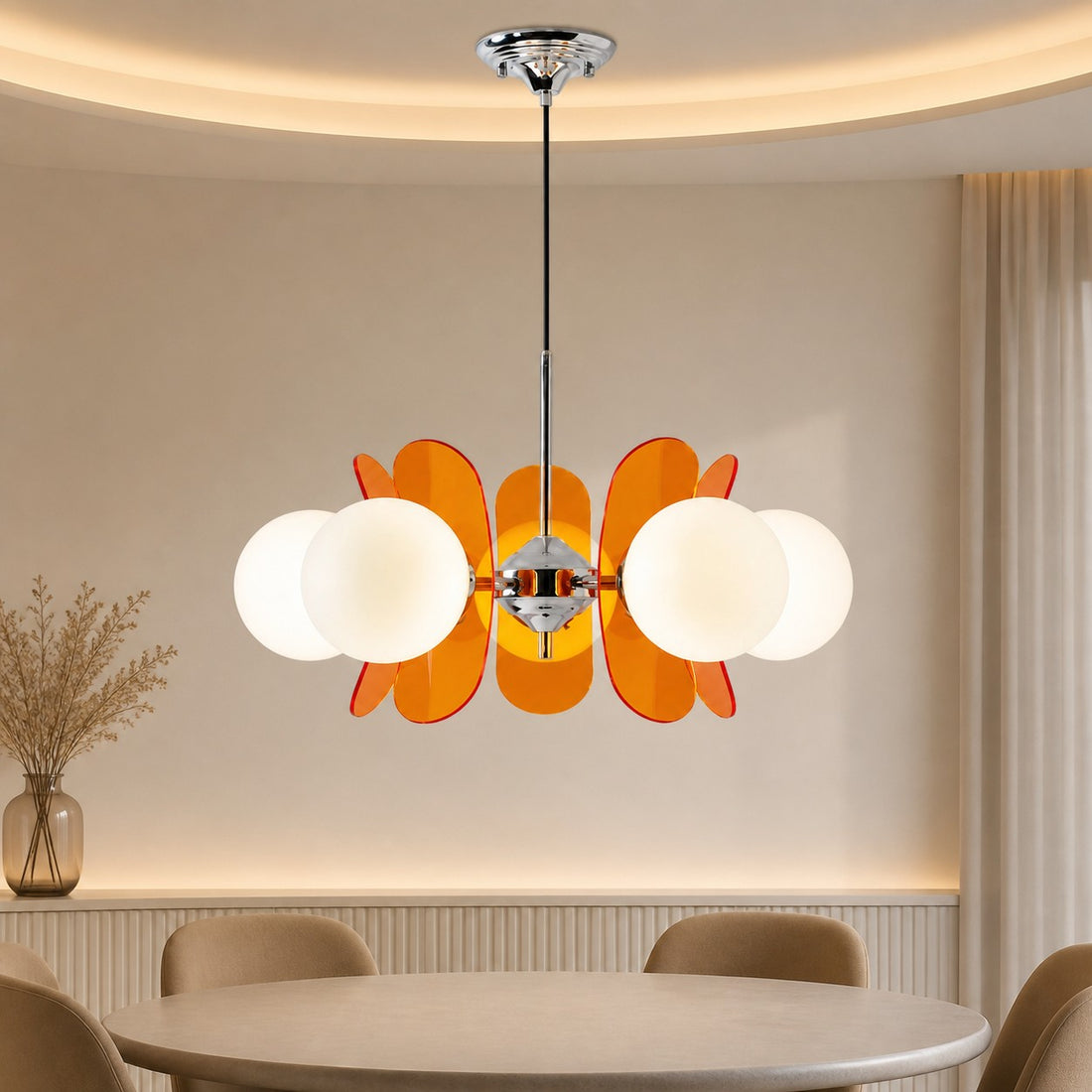 Five-head Orange Luma chandelier in a modern dining room