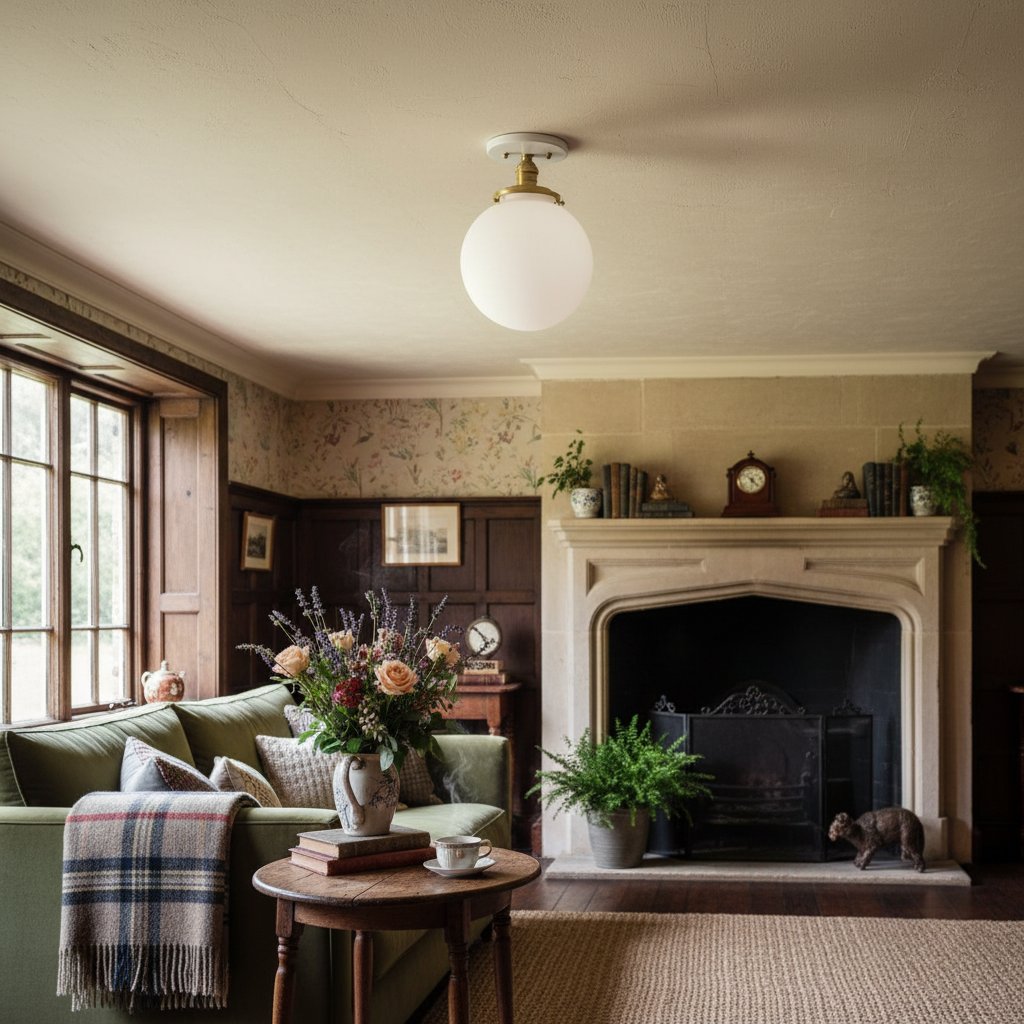 Glorica Glass Mid Century Semi Flush Ceiling Light - White Opal Glass Globe Fixture