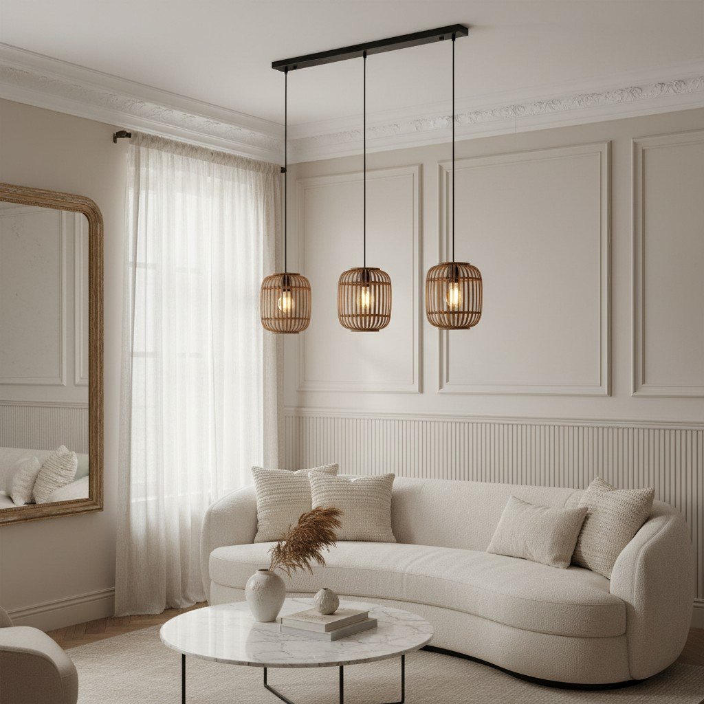 Yumeko Adjustable Bamboo Pendant Lamp - Natural Cage Ceiling Light Perfect for Living & Dining Rooms
