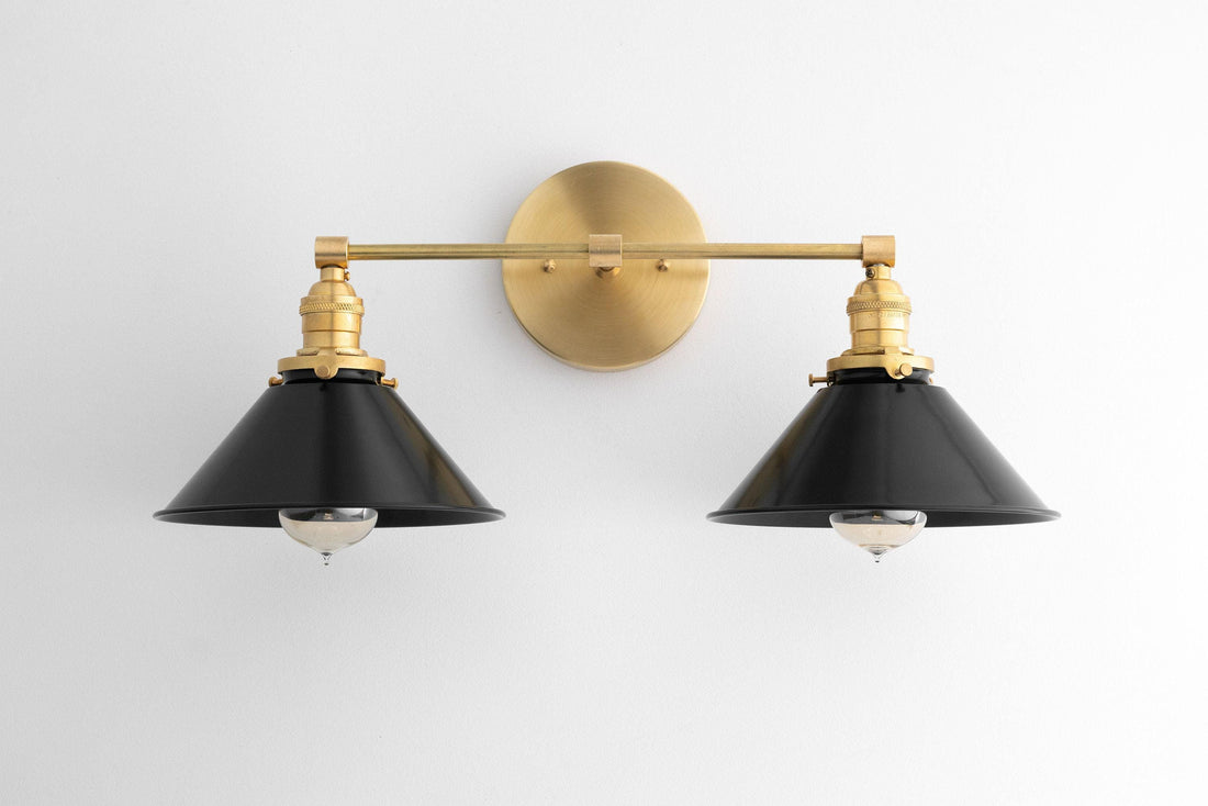 Conique Metal Dual Black Sconce with Cone Shades - Industrial Vanity Wall Light for Mirror