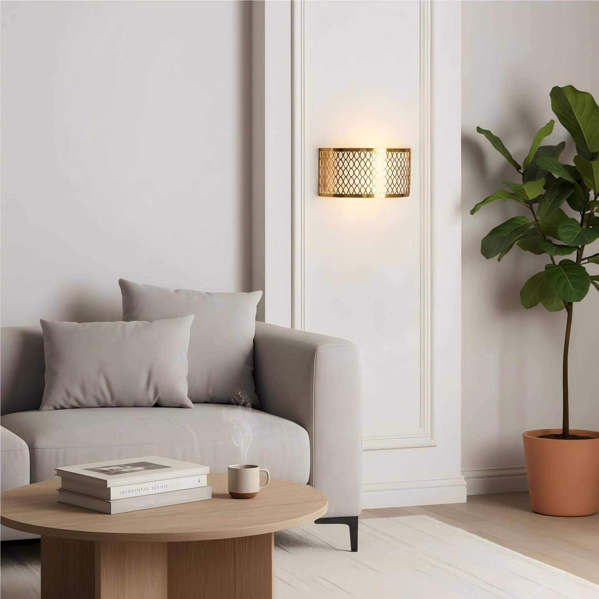 Liorin Fretwork Wall Light - Modern Curved Metal and Fabric Shade Sconce for Hallway or Bedroom