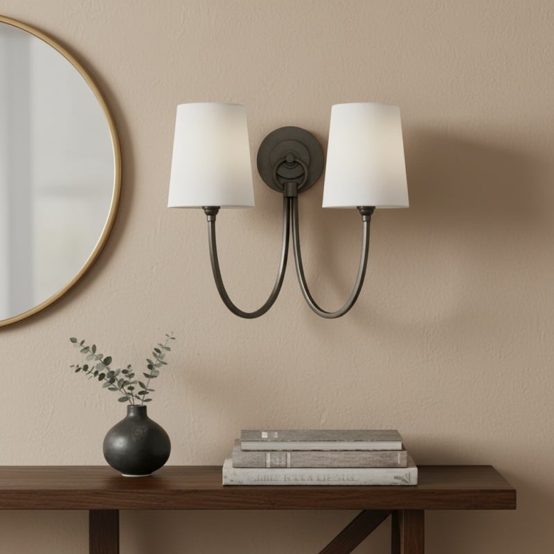 Roven Modern Double Wall Sconce with Curved Arms and Fabric Shades – Classic Accent Lighting for Bedroom