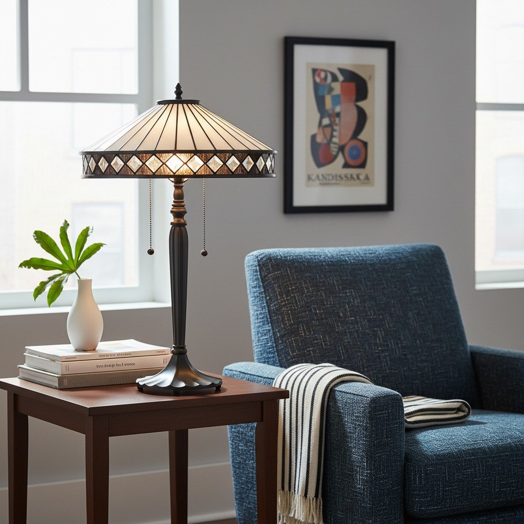 TF Fargo Geometric Tiffany Style Lamp - Amber and Cream Glass Accent Lighting for Bedroom or Study