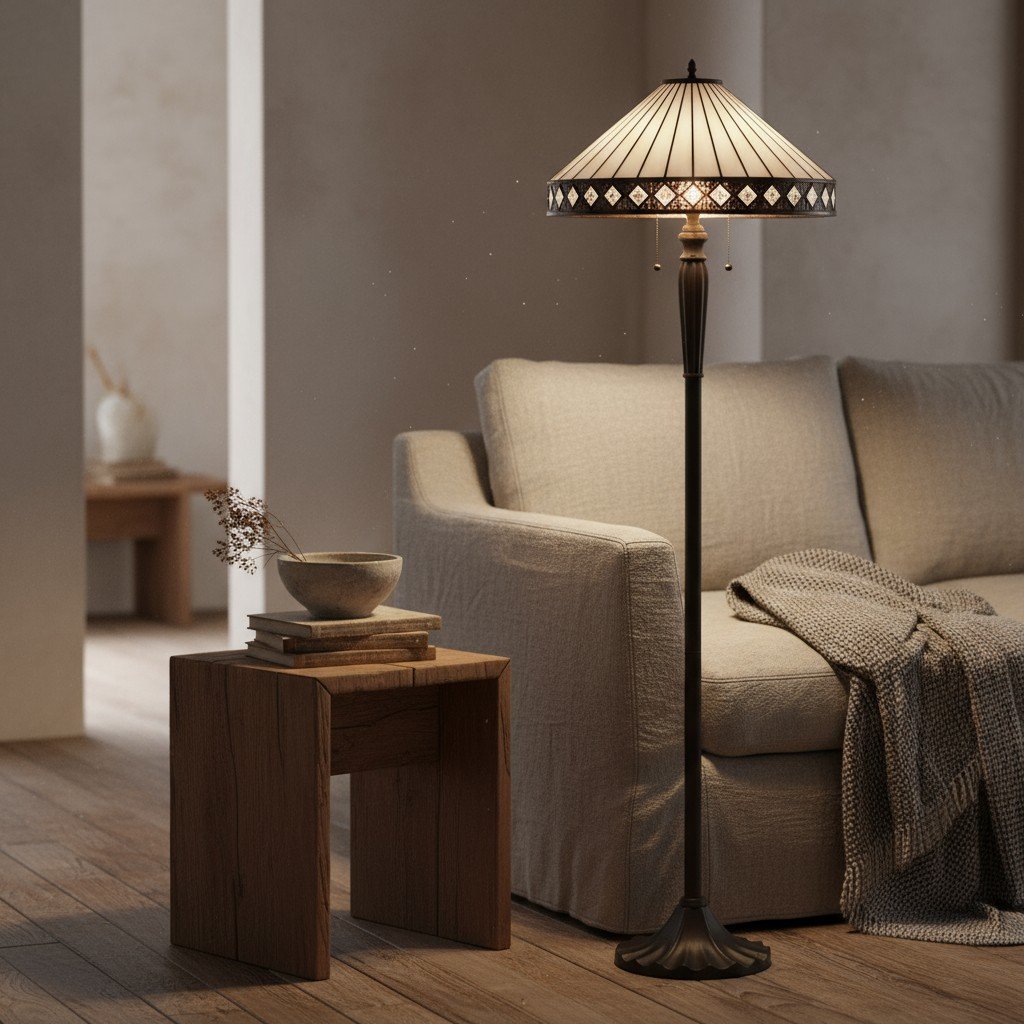 TF Fargo Geometric Tiffany Style Lamp - Amber and Cream Glass Accent Lighting for Bedroom or Study