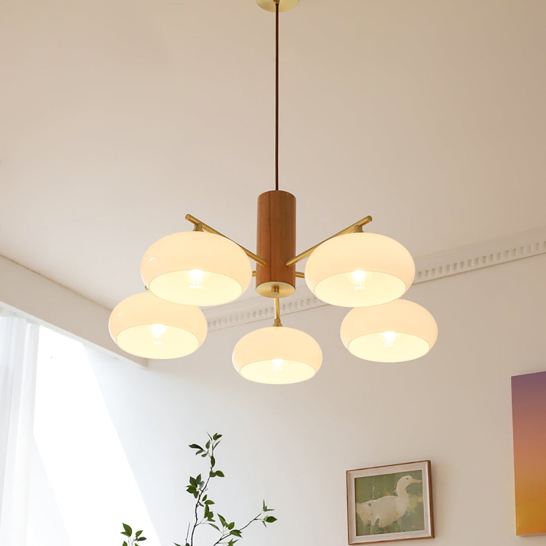 Bowl Shaped Multi - Head Chandelier With Wooden Decoration