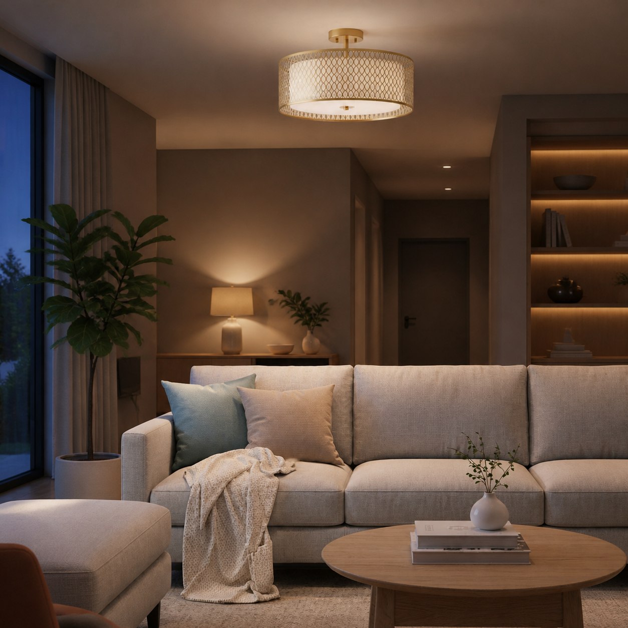 Liorin Geometric Mesh 3‑Light Flush Ceiling Light - Mesh Metal Frosted Lamp for Living Room or Hallway