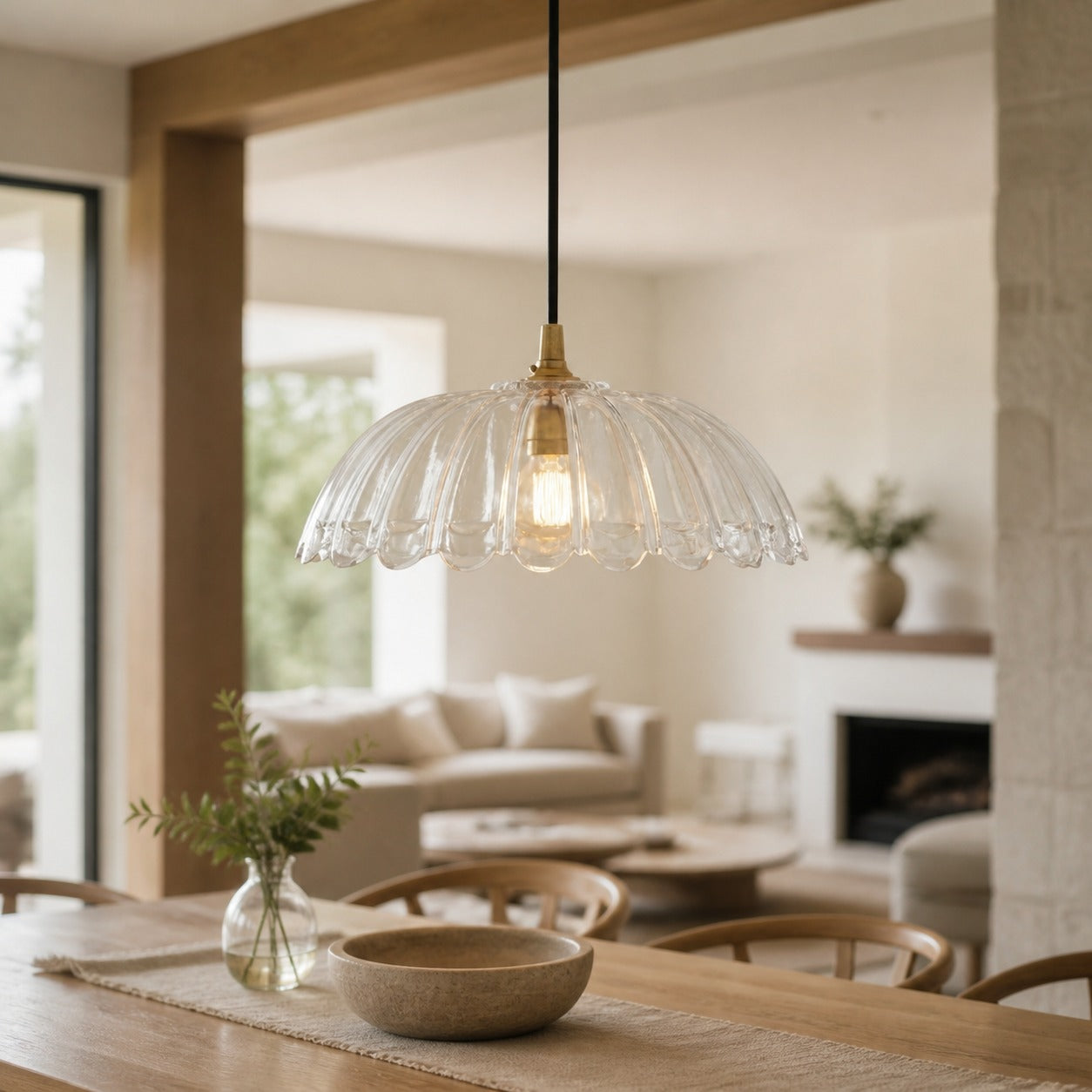 Floriaxis Floral Glass Pendant Light — Floral Glass Shade with Braided Cable for Kitchen or Dining