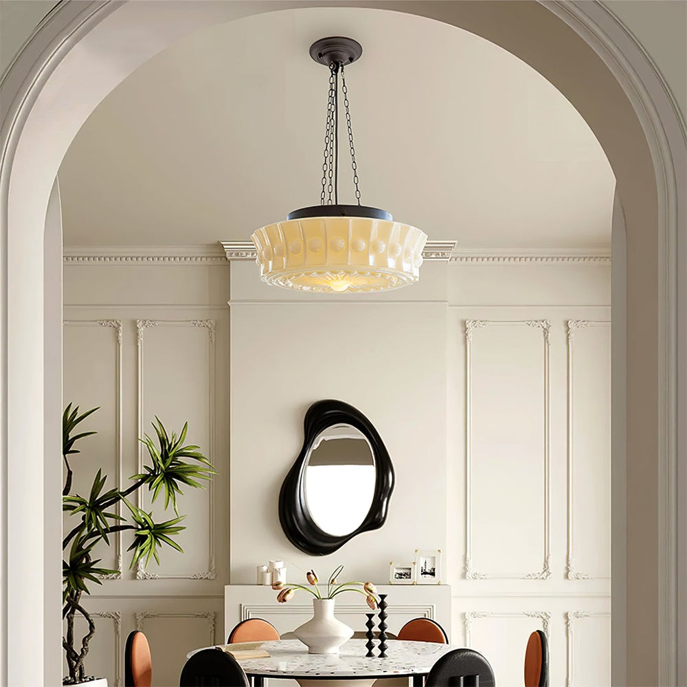 Vintage Cream Glass Cylinder Shade Chandelier with Iron