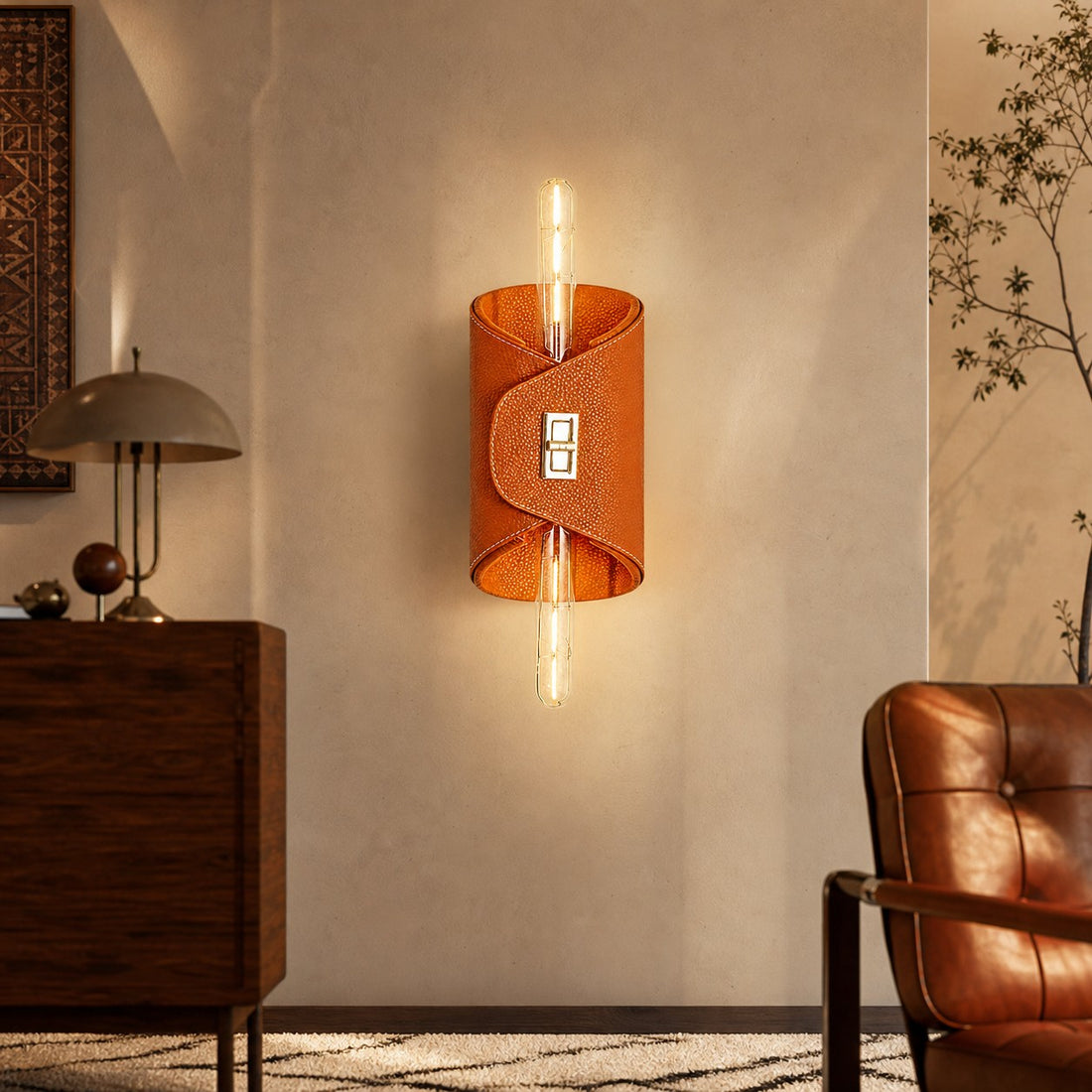 Orange leather wall lamp in a warm living room