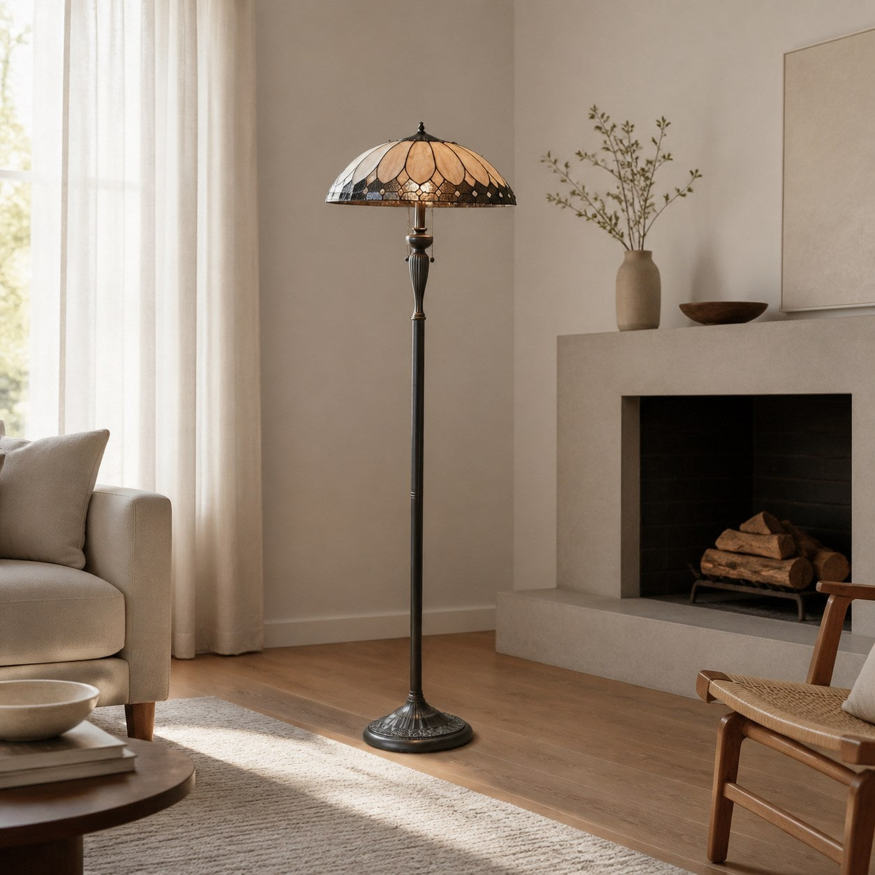 TF Brooklyn Geometric Art Deco Tiffany Floor Lamp –  Stained Glass Shade and Satin Black Base for Living Room