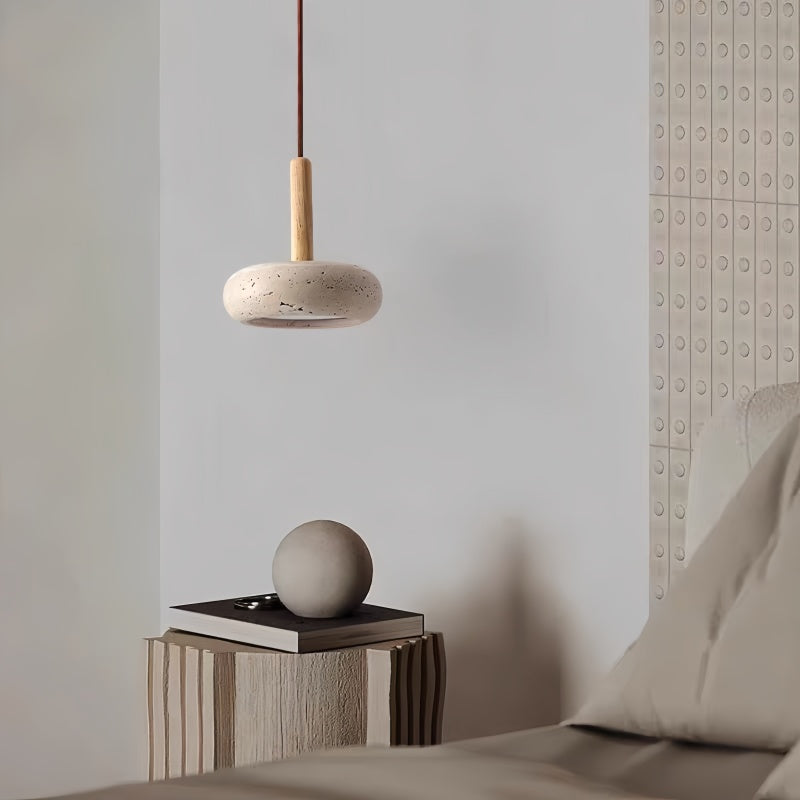 Traditional Japanese Round Wood Travertine Pendant Light