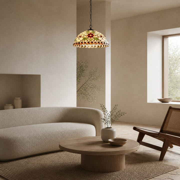 TF Angelique Stained Glass Pendant Lamp - Colorful Mosaic Shade Adjustable Chain Small Pendant Classic Decorative for Kitchen or Entryway