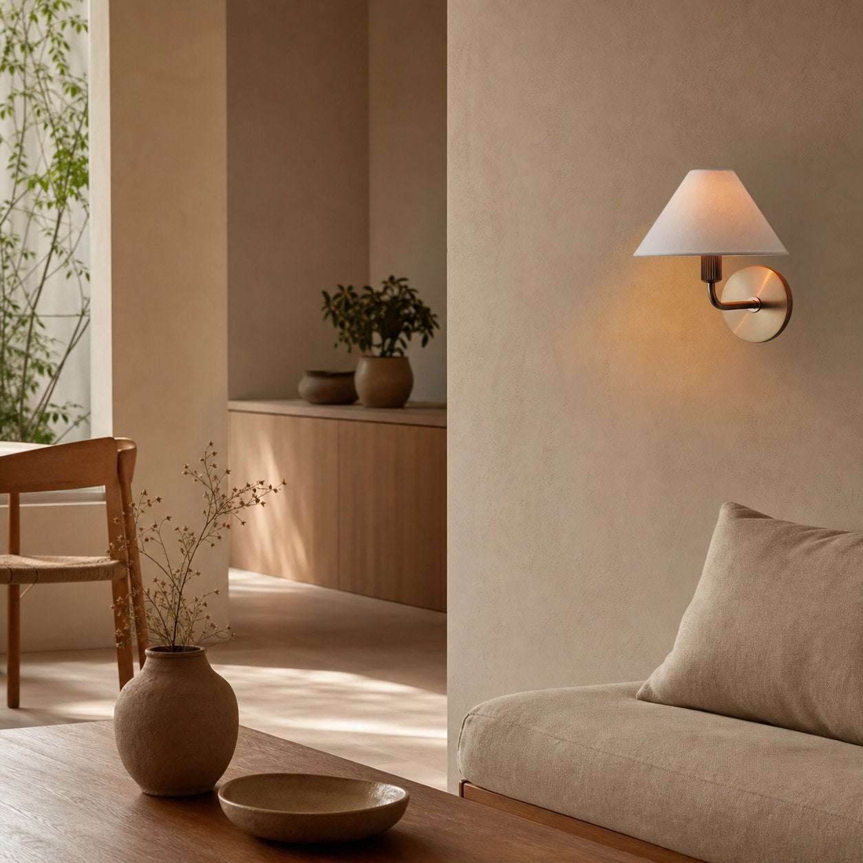 Gilda Fabric Drum Shade Wall Sconce - Modern Brass Accent Light for Bedroom and Hallway