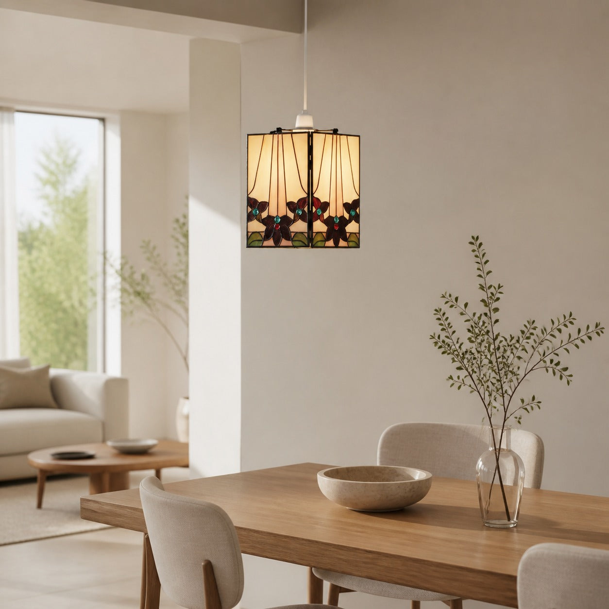 TF Camillo Mosaic Tiffany Glass Pendant Light - Square Lantern Shade - Artisan Home Décor Accessory