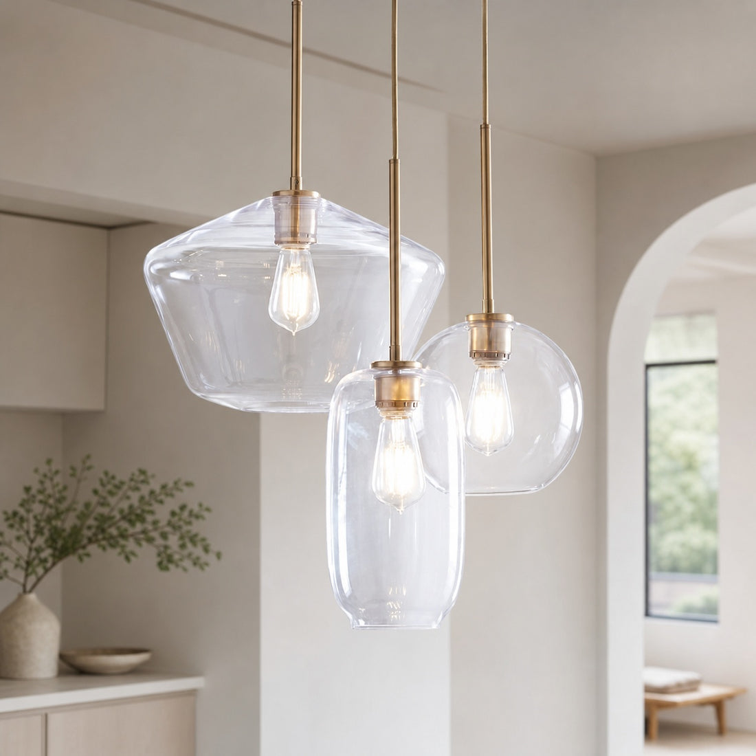 Merin Mixed Sculpture Glass and Metal Triple Chandelier