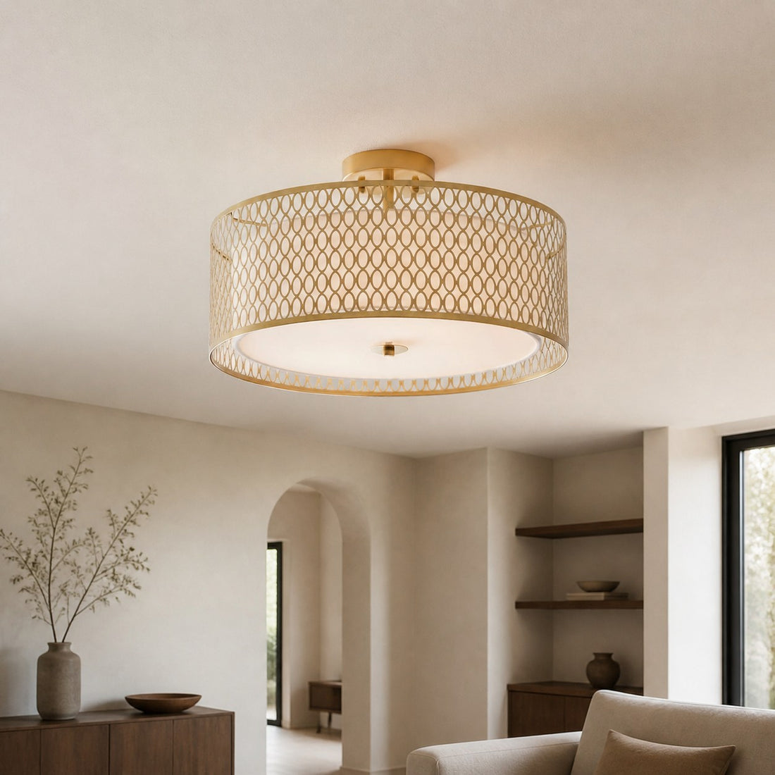 Liorin Geometric Mesh 3‑Light Flush Ceiling Light - Mesh Metal Frosted Lamp for Living Room or Hallway