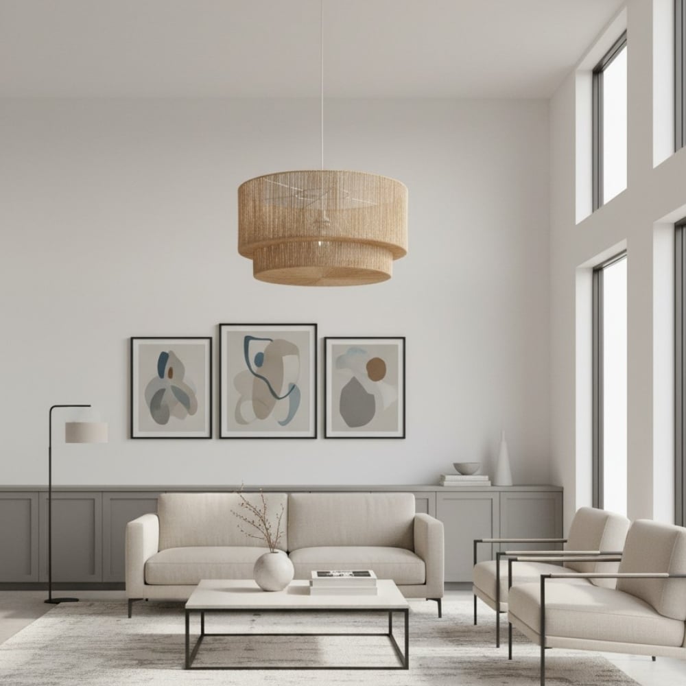 Florevian Woven Jute Hanging Light - Boho Chic Drum Pendant for Living or Dining