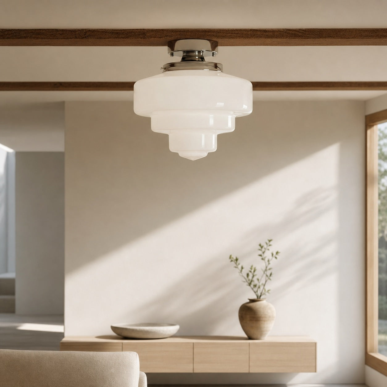 Geotower Glass Brass Ceiling Lamp – Handblown Opal Glass Globe Light