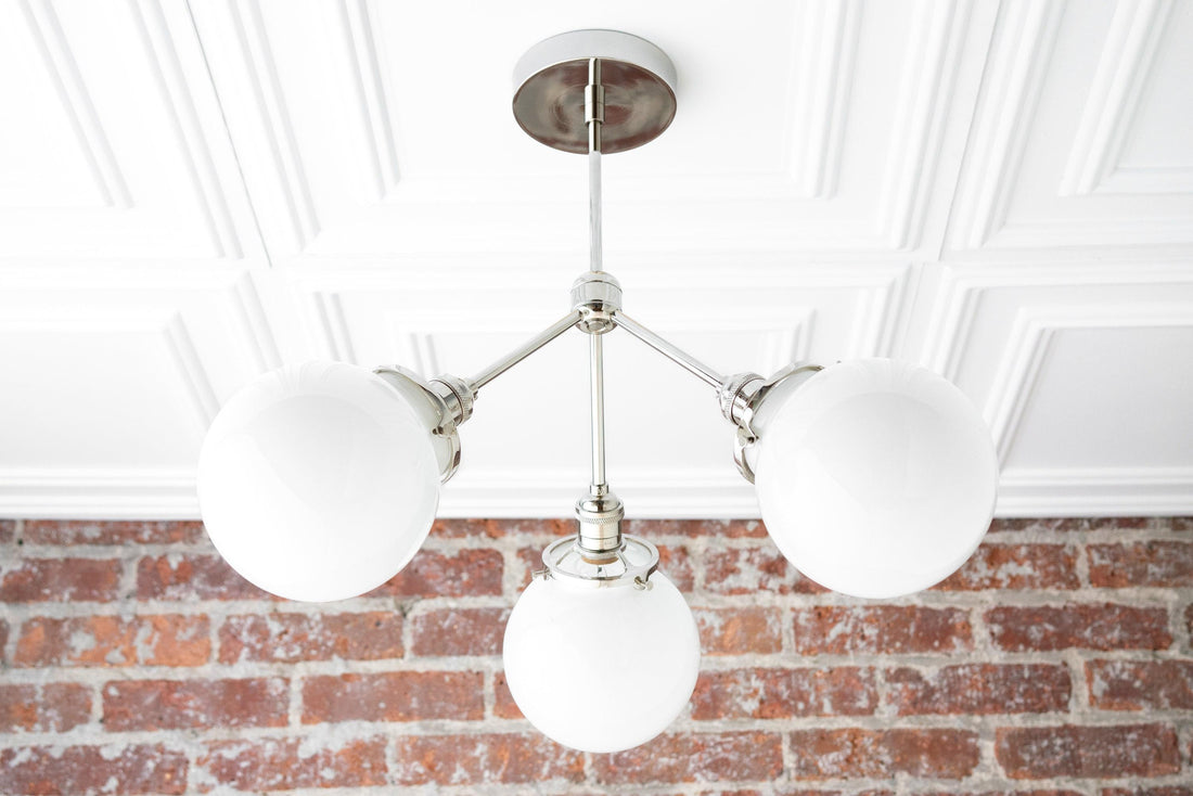 Glorica Glass Chandelier - Brass Globe Ceiling Light with Opal Shade