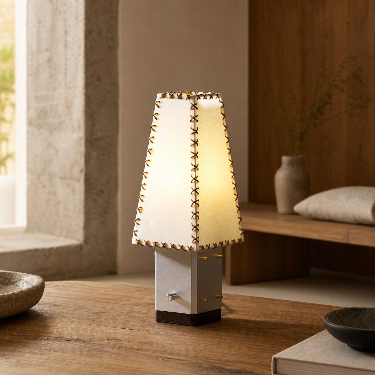 Modern Geometric Metal Table Lamp – Parchment Shade for Bedroom Nightstand Lighting