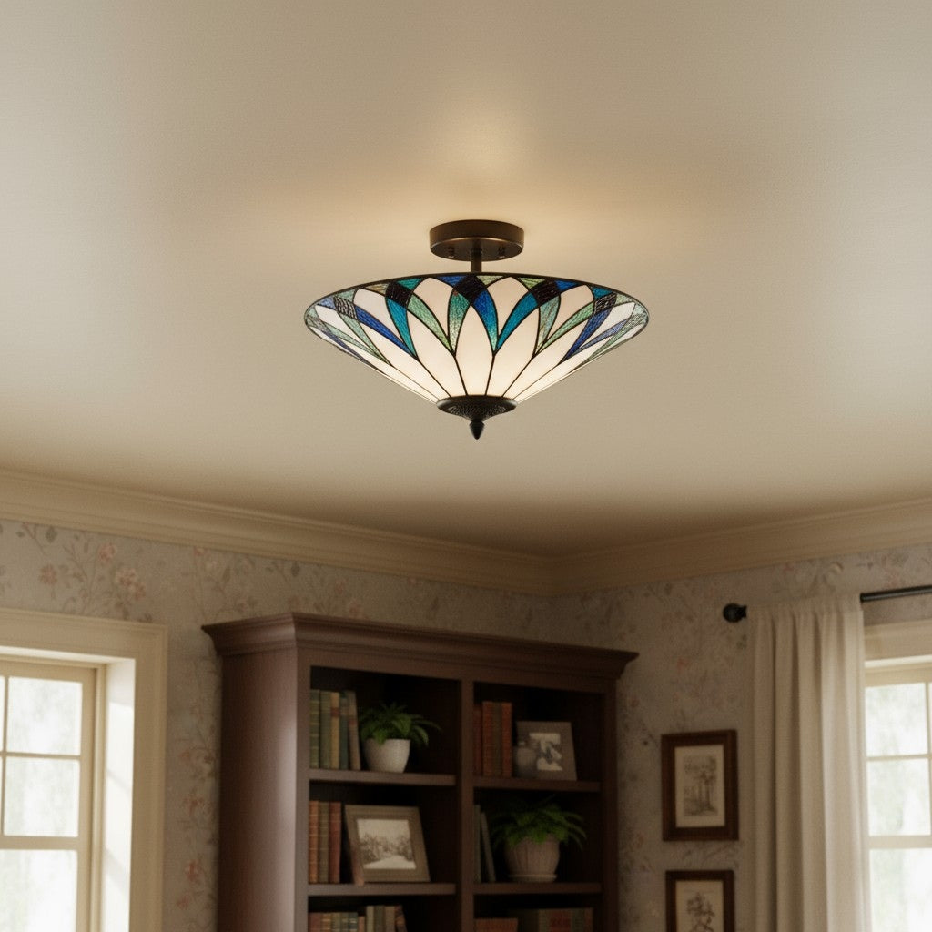 TF Allanton Tiffany Semi Flush Ceiling Light – Art Nouveau Patterned Shade for Living or Dining
