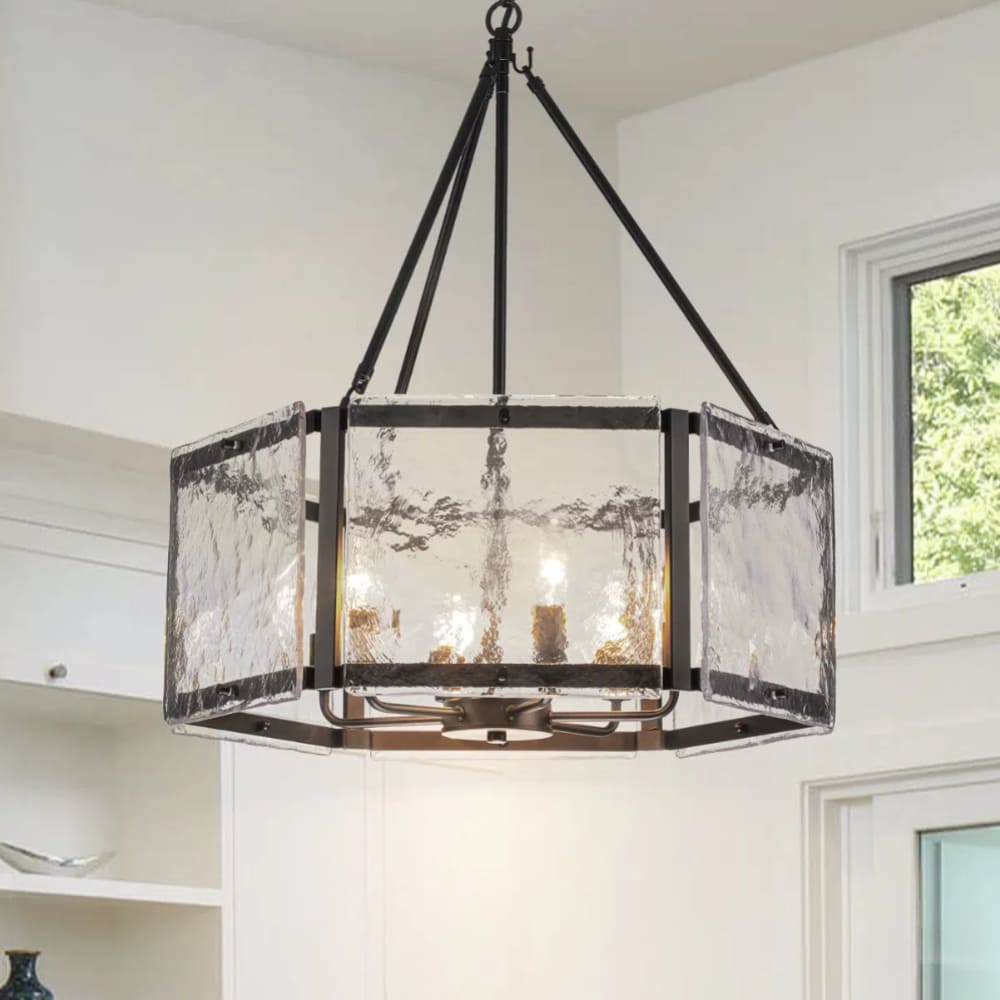 Textured Water Ripple Drum Chandelier - 6-Light Glass Pendant Light