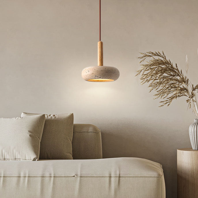 Traditional Japanese Round Wood Travertine Pendant Light