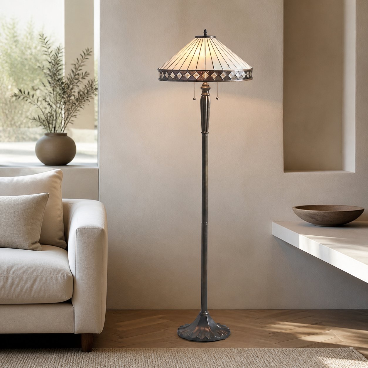 TF Fargo Geometric Tiffany Style Lamp — Amber and Cream Glass Accent Lighting for Bedroom or Study