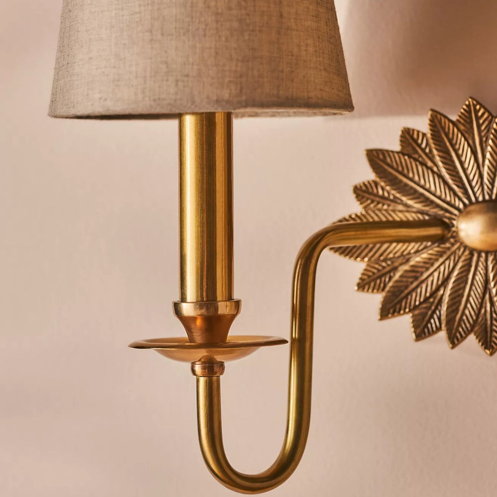 Duova Double Sconce – Antique Brass Metal and Linen Shades for Bedroom or Study