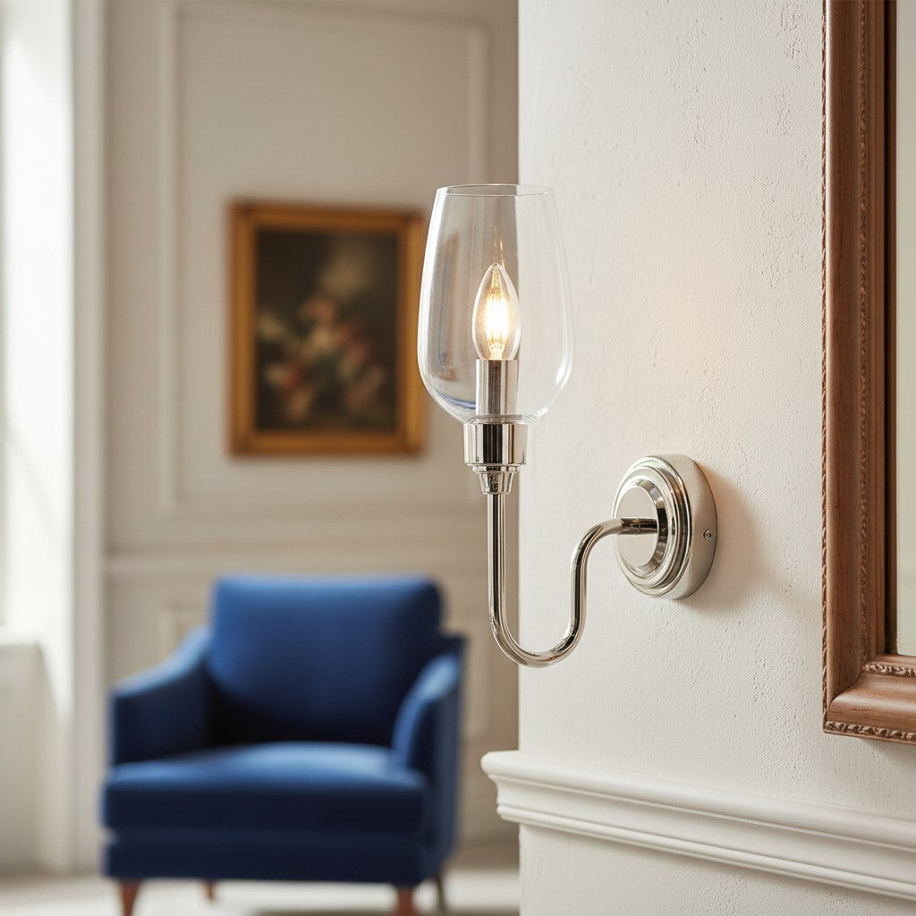Clarione Art Deco Wall Light with Clear Glass Shade – Modern Metal Design for Hallways