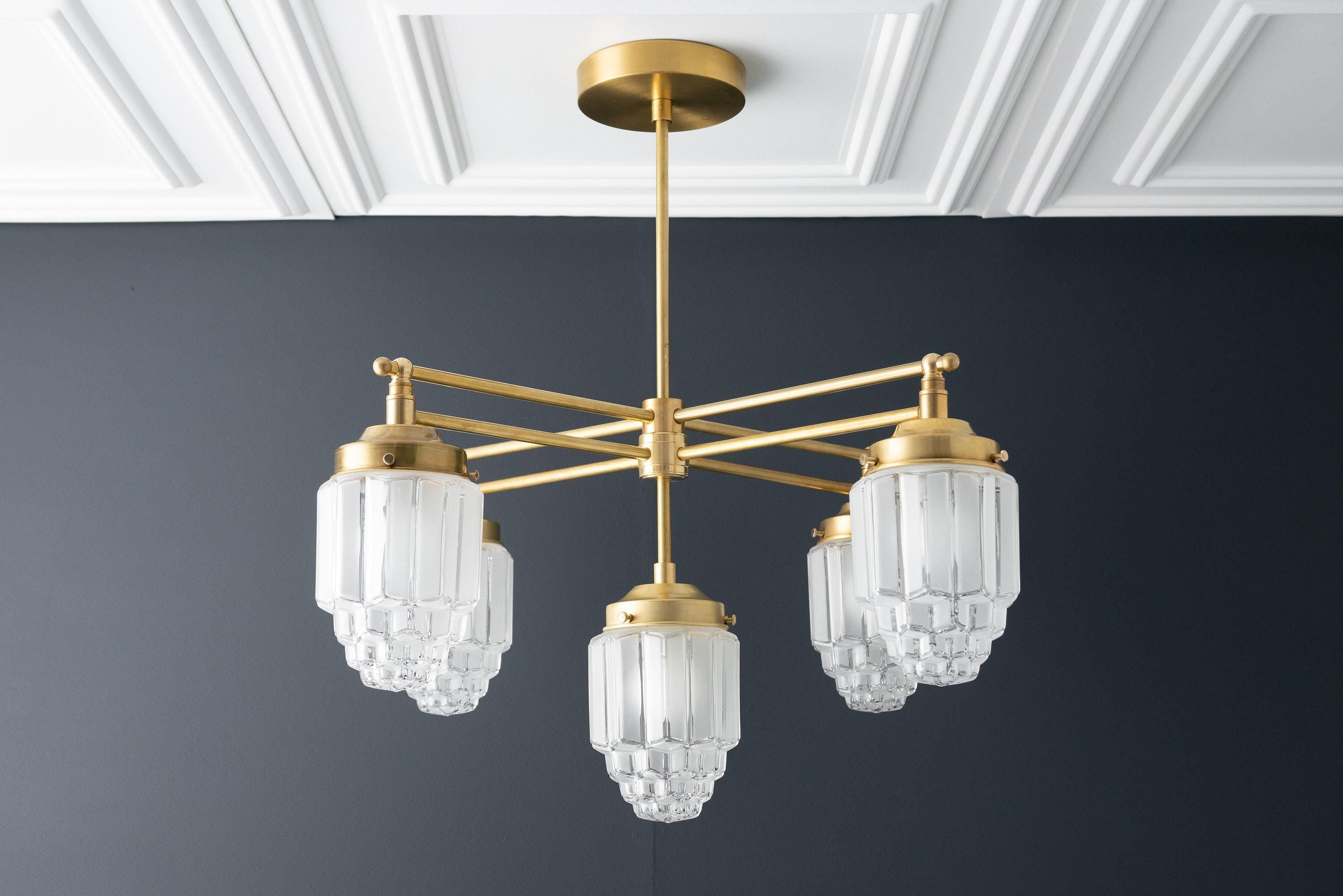 Tierlux Glass Chandelier – Vintage Brass Globe Lighting Fixture